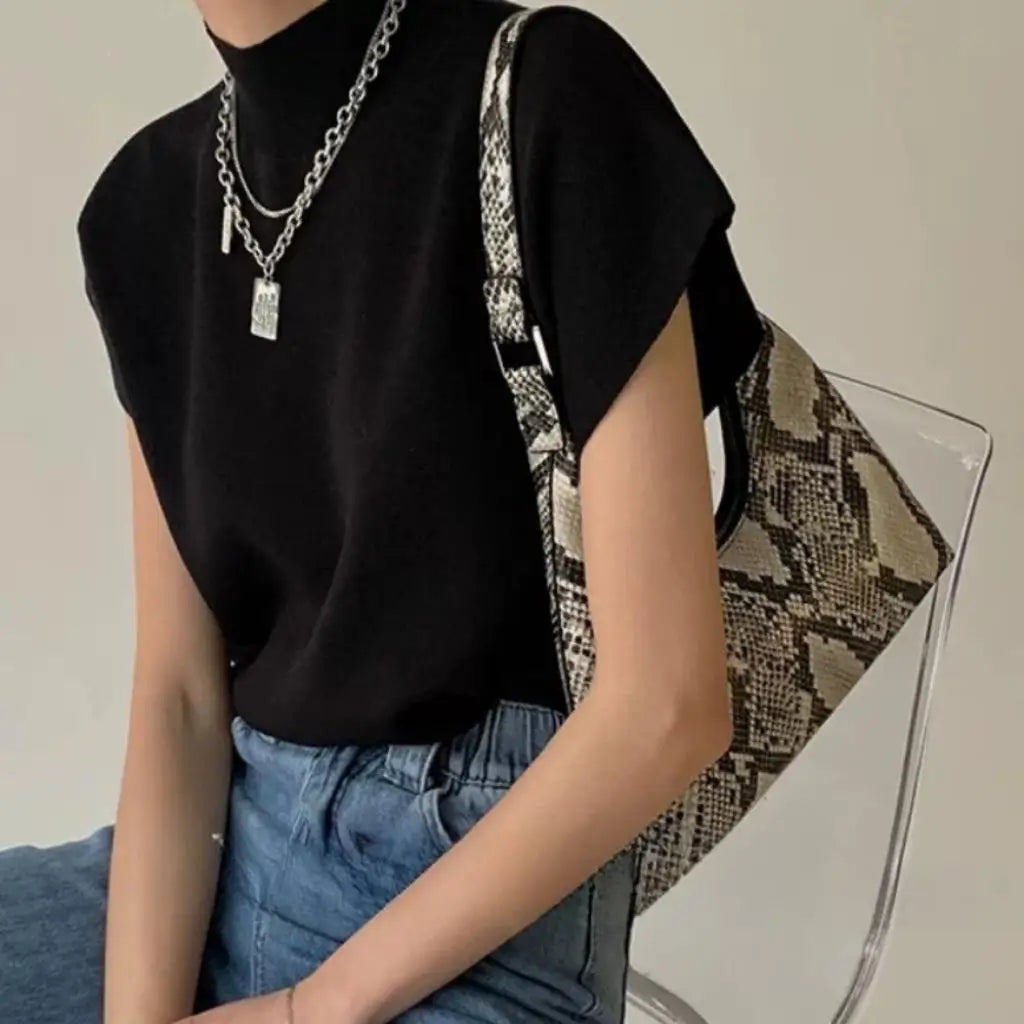 Fashion Vest Shirt Solid Stand-up Collar Knitted Women's Sweater Short Sleeve Office Lady Blouse Elegant All-Match Straight Tops