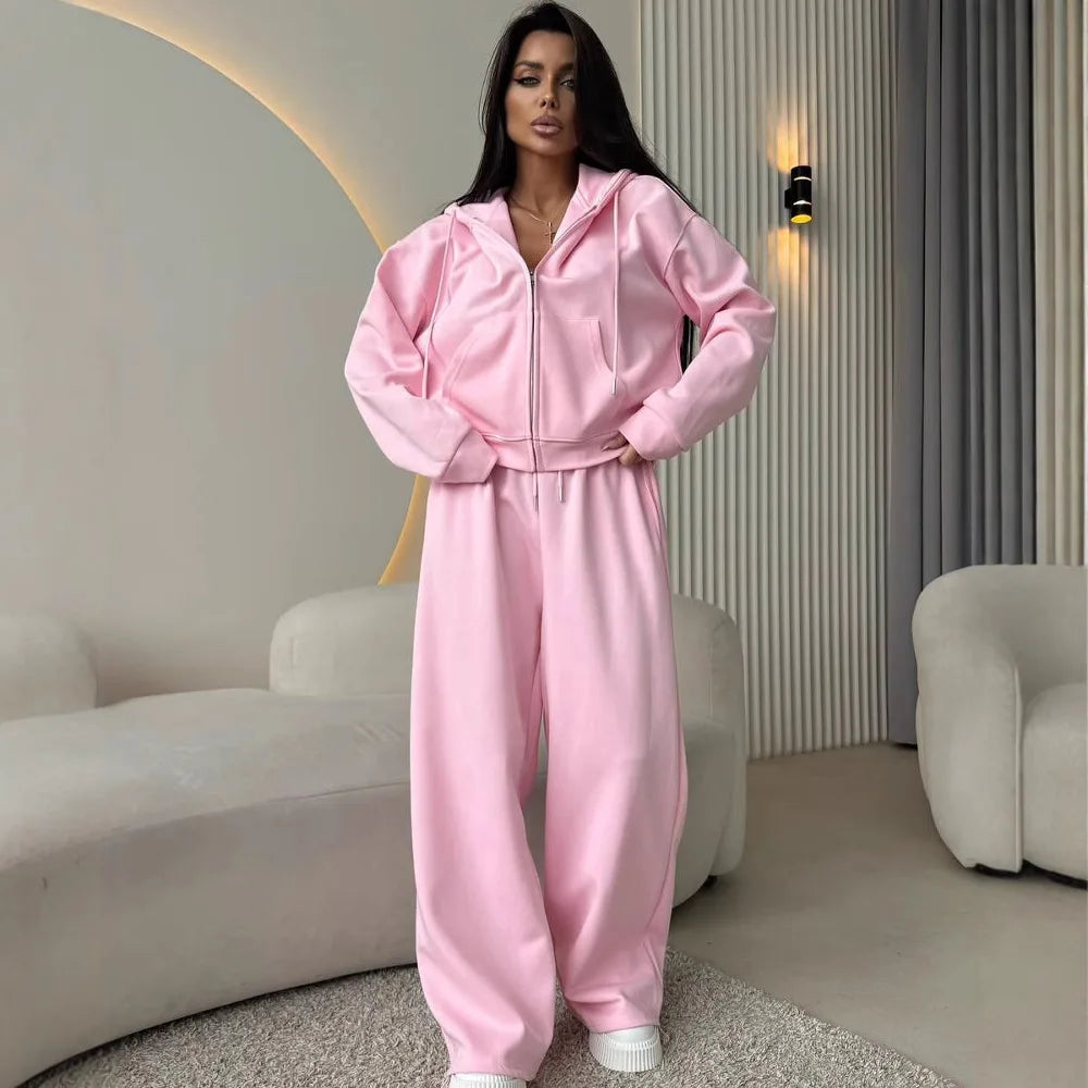Women's Matching Sets Solid Color Sports Suit Long-sleeved Zipper Cardigan Hooded Sweater Lace-up Trousers Two-piece Set