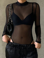 Black Mesh Transparent Sexy Bodysuit Long Sleeve Slim Skinny Stripe Mock Neck Casual Rompers Women Lady Party Club Body