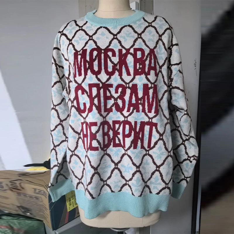 Fashion Letter Jacquard Knit Pullover Women Oversize Long Sleeve O-neck Classic Sweater 2026 Spring New Lady Casual Outerwear