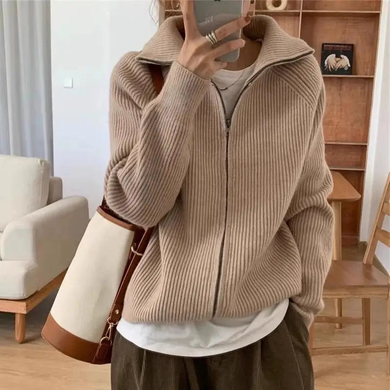 Simplicity Fashion Autumn Winter Sweaters Women's Solid Lapel Two Way Zipper Temperament chic Long Sleeve Cardigan Knitted Tops