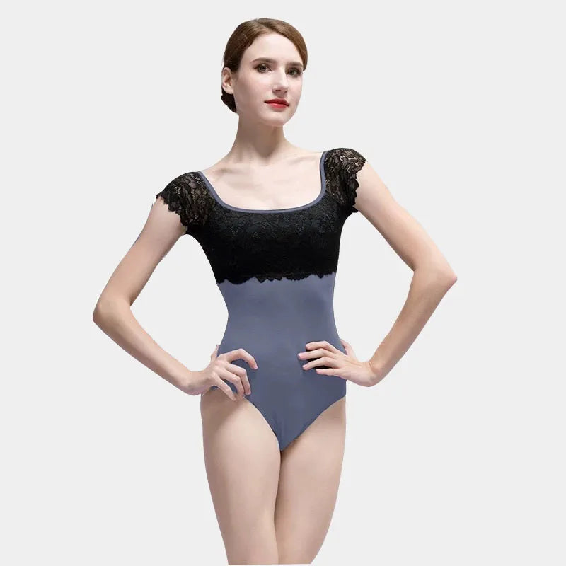 Ballet Leotards For Women Lace Adult Dance Gymnastics Leotard Square collar Back hollow out Dance Wear Short sleeve Bodysuit