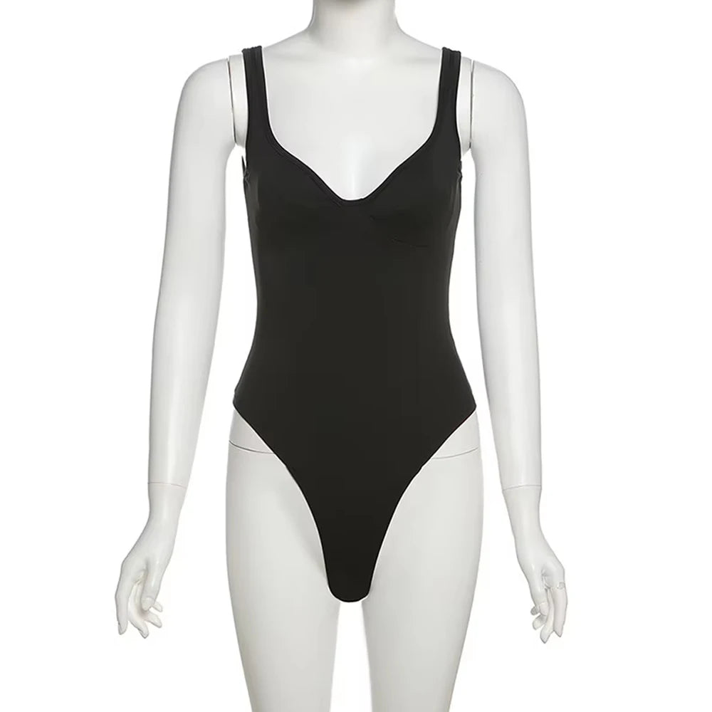 SylCue Sexy Backless Bodysuit Women Low-Neck Off Shoulders Solid Skinny Shaped Waist Street Versatile Wild Style Classic Bodycon
