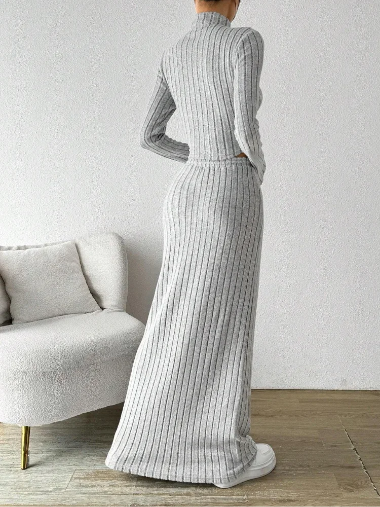 Casual Solid Exposed Navel Knitted Pants Set Women Fashion Spring Stand Collar Long Sleeved Top Lady Fashion Daily Casual Sets