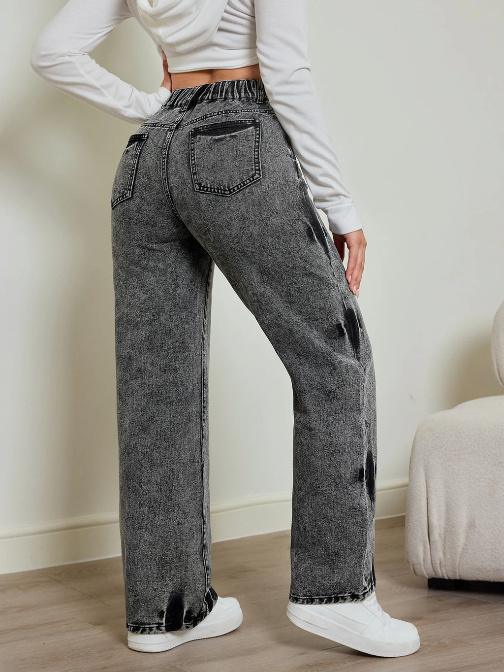 2025 autumn new women's jeans, tie-dye contrast washing, elastic waist, high waist straight jeans